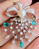 Vintage Estate 1950s 14k Gold G VS Diamond Emerald Pearl Necklace Pendant Brooch