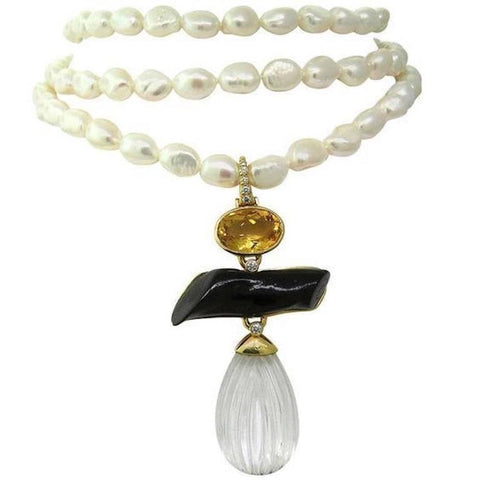 Andrew Clunn Triple Strand Pearl Necklace Citrine Diamond 18k Gold Pendant