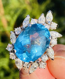 Impressive Vintage 14K Gold 8.17ct Blue Topaz Diamond Halo Cocktail Ring