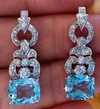 Retro Vintage 14k Gold VS Diamond Aquamarine Topaz Dangle Drop Pendant Earrings