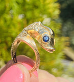 Vintage Retro Chic Estate 14K Gold Blue Sapphire Fish Serpent Wrap Ring
