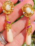 Vintage 14k Gold Retro Diamond Ruby Angel Skin Coral Day/Night Dangle Earrings