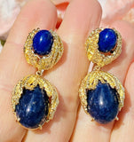 Vintage Estate Freeform 14k Gold Diamond Lapis Lazuli Pear Dangle Drop Earrings