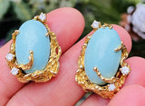 Vintage Retro14k Gold Diamond Turquoise Dangle Drop Pendant Earrings Brutalist