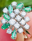 Vintage 1950s Estate Platinum 2ct Marquise Emerald Diamond Cluster Cocktail Ring