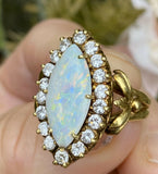 Vintage La Triomphe 18k Gold Marquise Opal VS Diamond Halo Navette Cocktail Ring