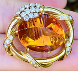 Vintage HAMMERMAN 18k Gold 20ct Diamond Amber Citrine Brooch Pin Pendant