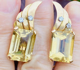 Vintage 1950s Retro Estate 18k Gold Emerald Cut Citrine Diamond Earrings