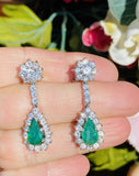 Vintage Estate 18k Gold 8.00ctw Emerald Diamond Halo Pear Dangle Drop Earrings