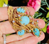 Vintage Brutalist Freeform 1960s 1970s 14k Gold Diamond Turquoise Pendant Brooch