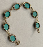 Vintage Estate 1950s 14k Yellow Gold Turquoise Cabochon Link Bracelet 7"