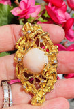 Vintage Freeform Brutalist 14k Gold Angel Skin Coral Cabachon Diamond Brooch