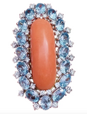 Vintage Midcentury 18k Gold Platinum Coral Blue Zircon Diamond Brooch