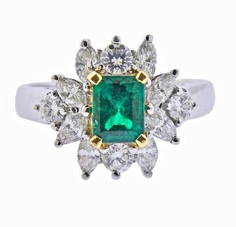 Vintage Retro Estate 18k 2.00ct Emerald Diamond Marquise Cocktail Ring