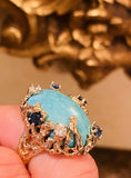 Vintage Heavy 1960s Retro 18k Gold Turquoise Sapphire Diamond Ring