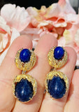 Vintage Estate Freeform 14k Gold Diamond Lapis Lazuli Pear Dangle Drop Earrings