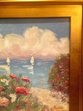 KADLIC Floral Sailboats Seascape Original Oil Painting 18x24" Gold Gilt Frame