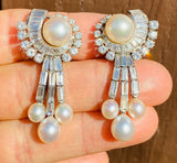 Important Vintage 1940s-50s Platinum 5.50ct VS Diamond Pearl Dangle Earrings