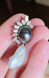 Vintage 14k Gold Baroque Tahitian Pearl Marquise Diamond Necklace Pendant