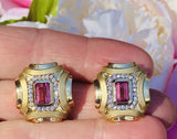 Vintage Retro Estate 14k Gold 3.62ct Pink Tourmaline Diamond Halo Drop Earrings