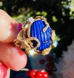 Vintage Retro Freeform 1960s 14k  Gold Lapis Lazuli Diamond Brutalist Ring