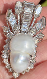 Vintage 1950s 18k Gold 2.70ct Baguette Pear Diamond Baroque Pearl Slide Pendant