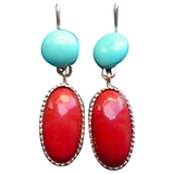 Vintage Estate 18k Gold Red Coral Turquoise Drop Dangle Pendant Earrings