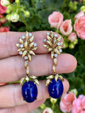 Vintage Estate Freeform 18k Gold Diamond Lapis Pear Dangle Drop Earrings