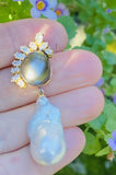 Vintage Estate 14k Gold Baroque Tahitian Pearl Marquise Diamond Necklace Pendant