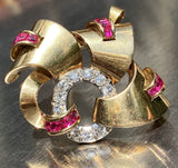 Vintage Art Deco 1940s 18k Gold Platinum Retro Ruby Diamond Brooch Pin Pendant