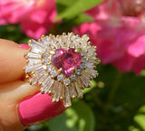 Vintage 18K Gold 6.00ct Ruby Red Pink Sapphire Diamond Baguette Ballerina Ring