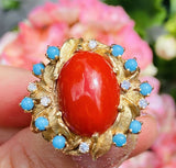 Vintage Heavy Free Form Retro Estate 14k Gold Red Coral Turquoise Diamond Ring