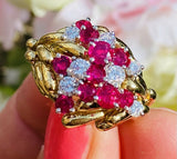 Vintage Estate Heavy 18K Yellow Gold Platinum Natural Ruby Diamond Cluster Ring