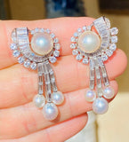 Important Vintage 1940s-50s Platinum 5.50ct VS Diamond Pearl Dangle Earrings