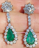 Vintage Estate 18k Gold 8.00ctw Emerald Diamond Halo Pear Dangle Drop Earrings