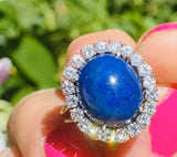 Vintage 14k Gold 7.00ct Lapis Lazuli G VS Diamond Halo Ballerina Cocktail Ring