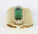 Retro Estate 18k Gold 21.75 ct Green Tourmaline VS Diamond Cuff Bangle Bracelet