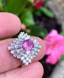 Vintage Platinum 2.50ct Pink Sapphire Diamond Baguette Cluster Ring