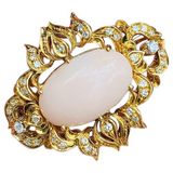 Vintage Midcentury 14k Yellow Gold Angel Skin Coral Cabachon Diamond Brooch
