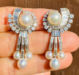 Important Vintage 1940s-50s Platinum 5.50ct VS Diamond Pearl Dangle Earrings