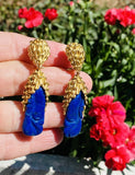 Vintage Retro 1960s 70s Heavy 18k Gold Lapis Lazuli Dangle Drop Earrings