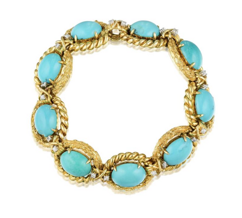Heavy Vintage Estate 30ct 14k Gold Turquoise Cabochon VS Diamond Bracelet