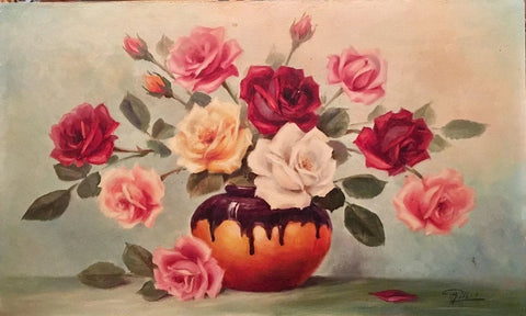 Vintage Antique French 1900s Original Oil Painting Still Life Floral Flowers