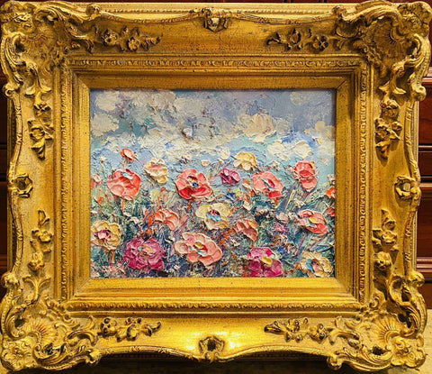 KADLIC Original Oil Painting Floral Landscape Impasto Gold Gilt 15" Frame