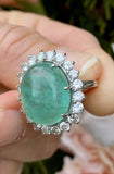 Large Vintage 1950s 10ct Emerald Cabachon VS Diamond Halo Platinum Cocktail Ring