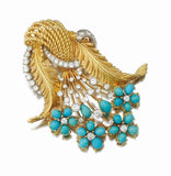 Retro Art Deco 1940s 18k Gold Turquoise G VS Diamond 2.0 ct Brooch Pin Pendant
