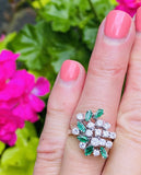 Vintage 1950s Estate Platinum 2ct Marquise Emerald Diamond Cluster Cocktail Ring