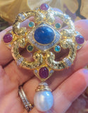 Heavy Vintage 14k Gold Emerald Sapphire Ruby Diamond Brooch Pendant Webb Style