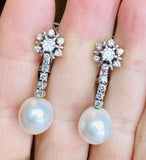 Vintage Estate 18k Gold South Seas Pearl G VS Diamond Drop Dangle Earrings