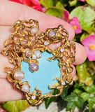 HUGE Vintage 1960s ARTHUR KING 18k Gold Diamond Turquoise Pearl Pendant Brooch